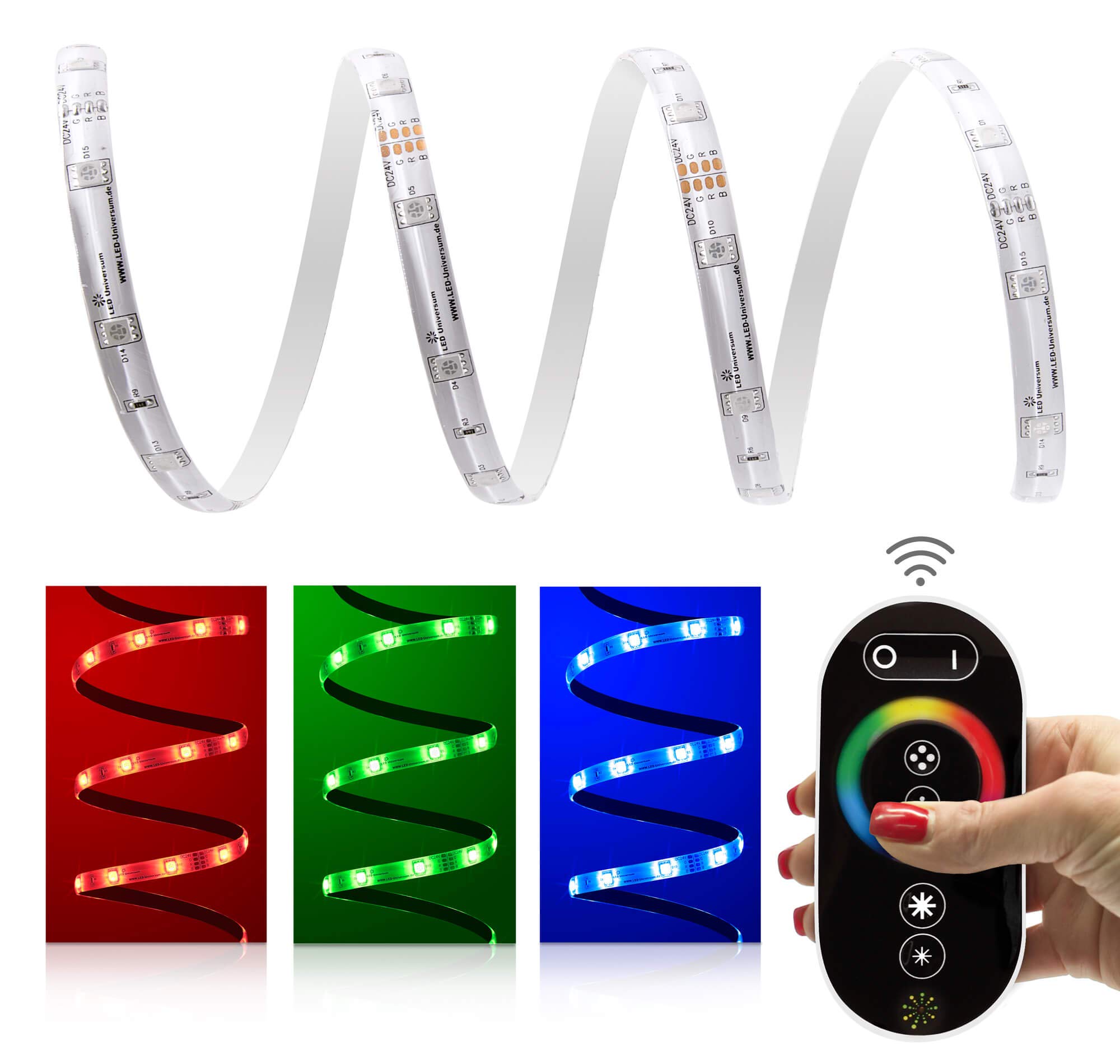 10 metros en la pieza con mando a distancia: tira LED RGB profesional (30 LED/m, IP65, 24 V), controlador y fuente de alimentación de 3 A.