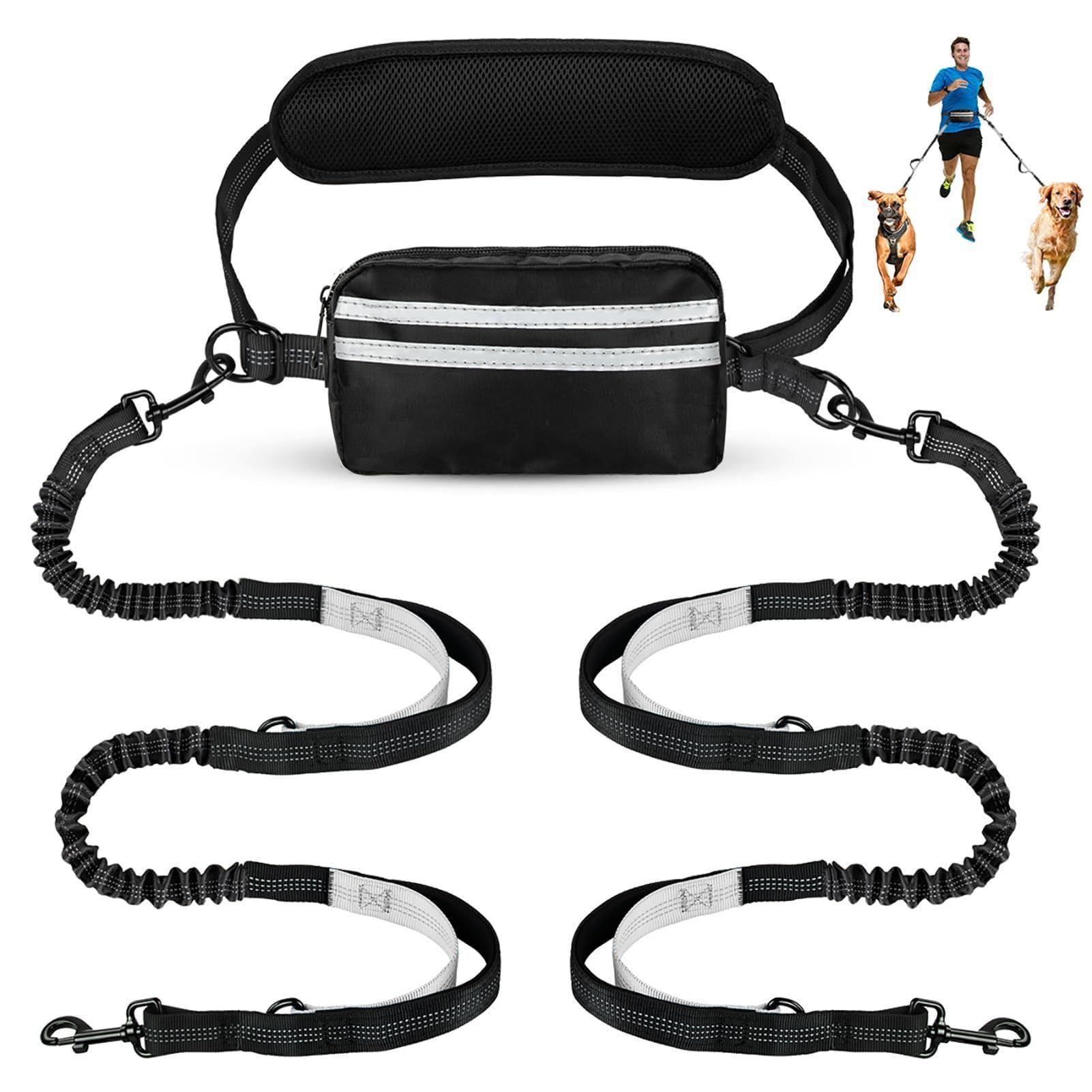Hands Free Dog Leash with Pouch, Dual Attachment for Two Dogs, Retractable Bungee with Double Padded Handles, Waist-Mounted for Running,Walking, Jogging Friendly Dog Accessories (Black/Silver Gray)