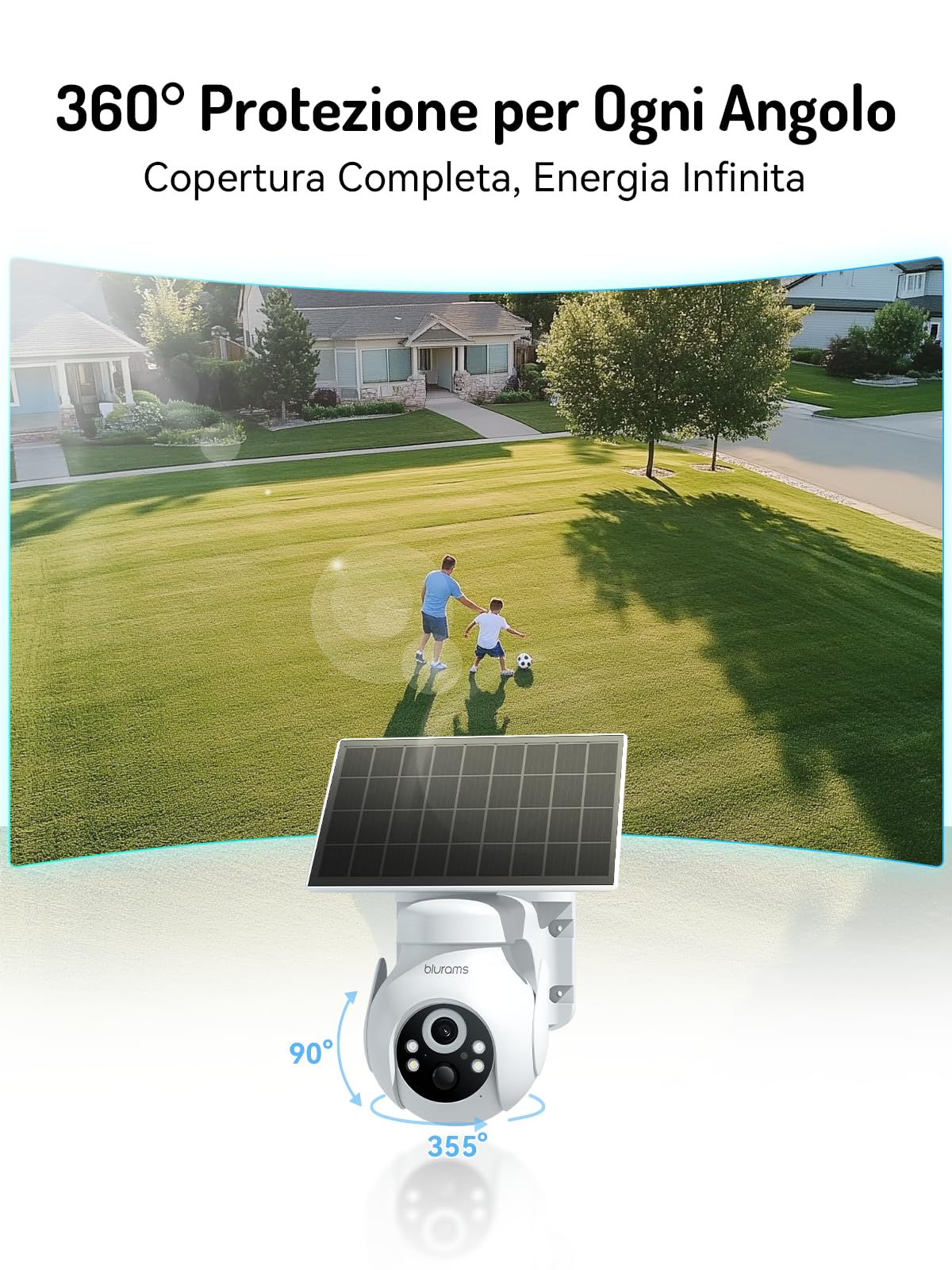 blurams 2K Telecamera Esterno con Pannello Solare - 3MP, Senza fili, WiFi 2.4GHz, 360°, Rilevazione di Movimento, Visione Notturna, Pannello Solare 3W, IP65 (1 pack)