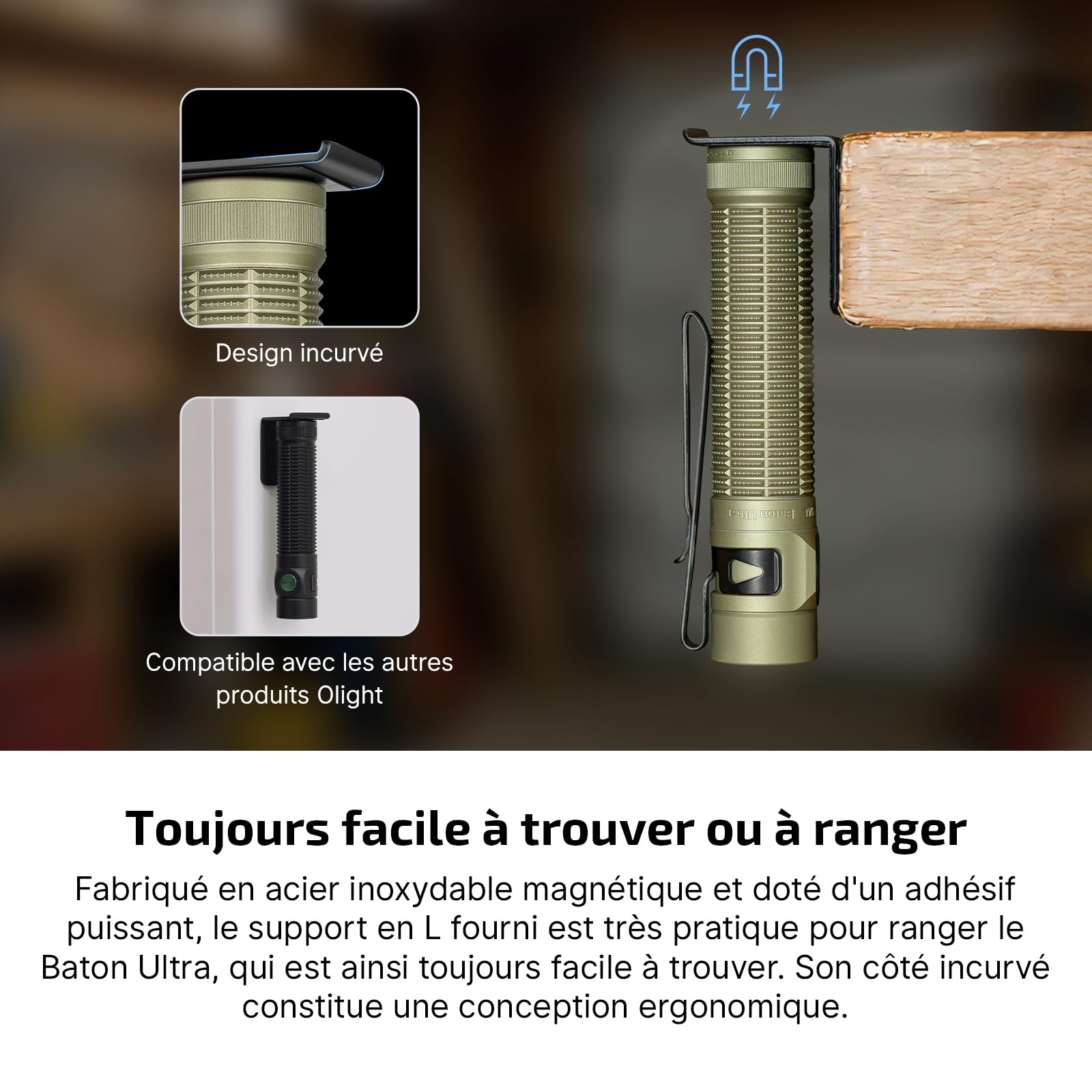 OLIGHT Baton Ultra Lampe Torche Rechargeable EDC, 1800 Lumens, Portée 300m, LED EIP 1, Superalliage OAL, Etanche IPX8, Double Interrupteur, pour Exploration Extérieure Travail Urgences, Vert Olive