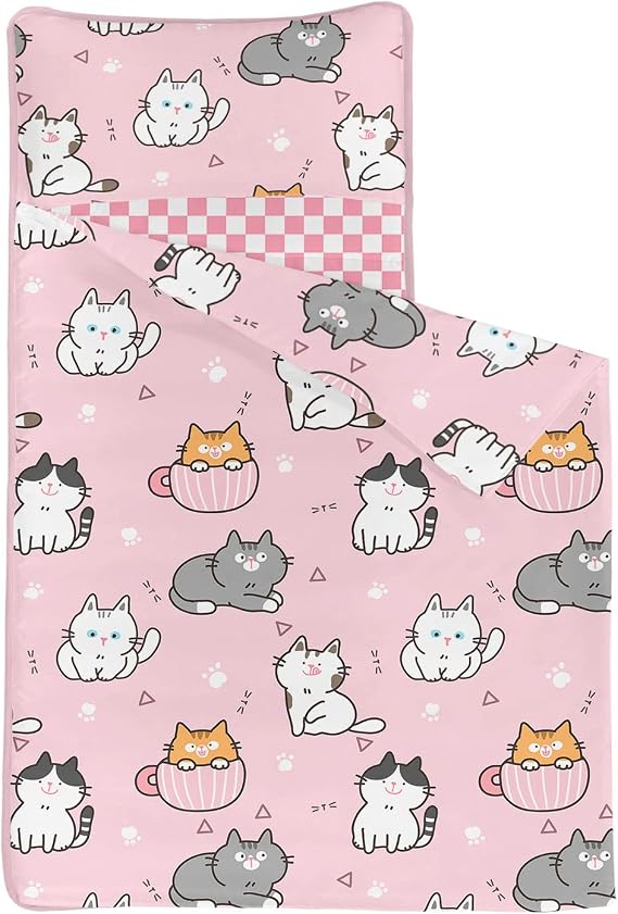Cat Nap Mat - Pink Cat Sleeping Bag with Removable Pillow - Daycare and Sleepovers Preschool Kindergarten Bedding Set for Kids Toddler Boys Girls (50x21 Pink Cat)
