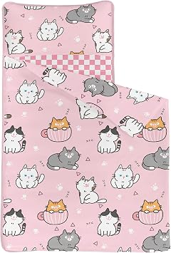 Cat Nap Mat - Pink Cat Sleeping Bag with Removable Pillow - Daycare and Sleepovers Preschool Kindergarten Bedding Set for Kids Toddler Boys Girls (50x21 Pink Cat)