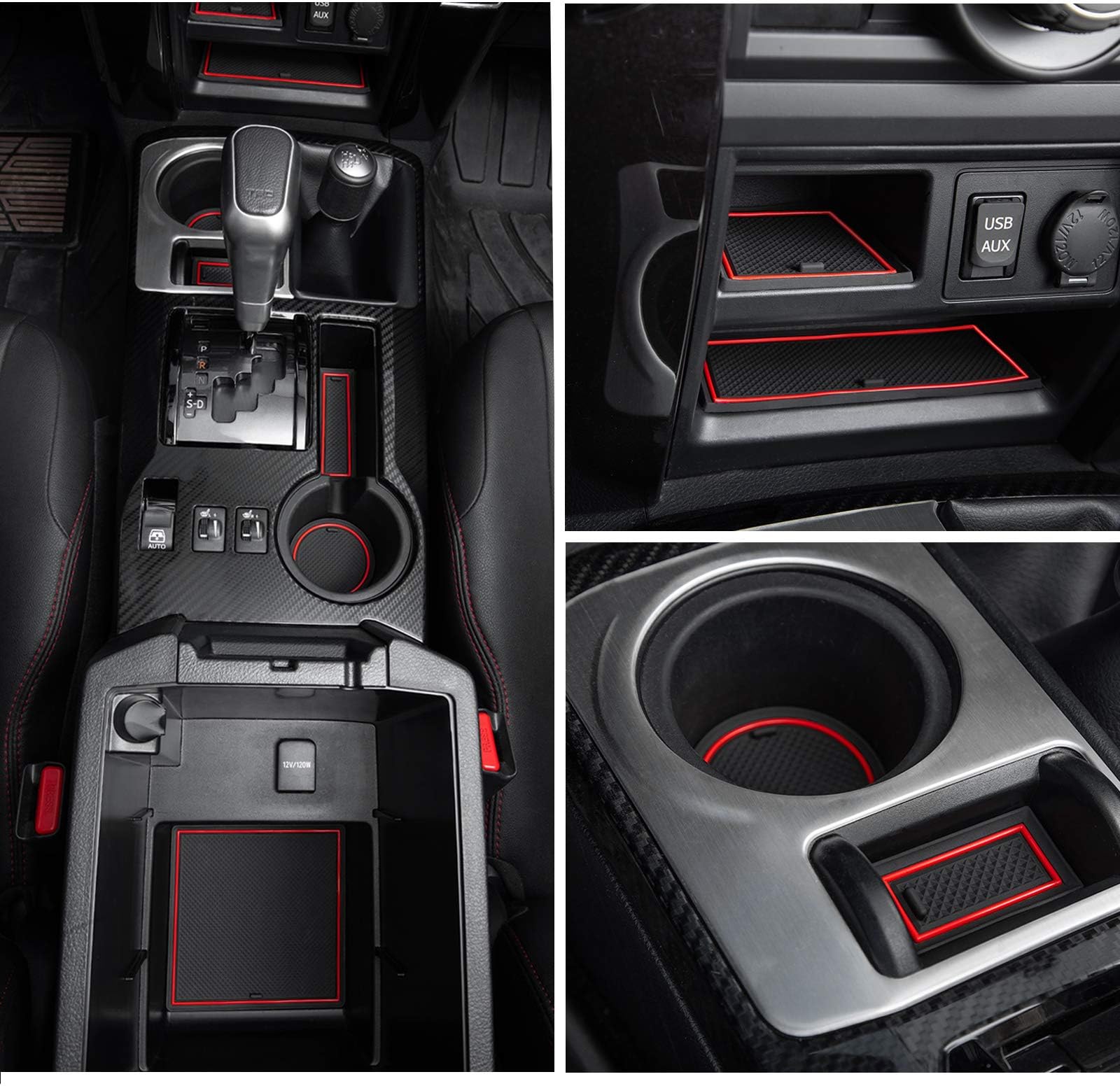 Premium Cup Holder, Console, and Door Pocket Inserts Kit Compatible with Toyota 4Runner Accessories 2010-2024 (2 Row, Red Trim)-27PC Set