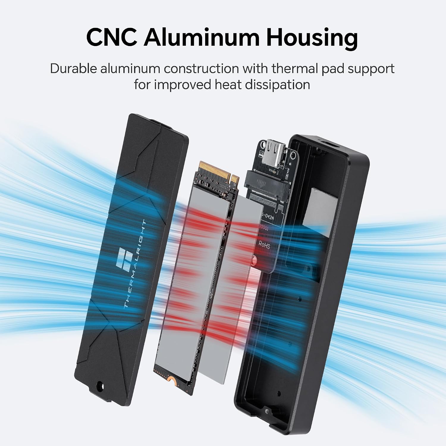 Thermalright M.2 NVMe SSD Enclosure, HR-EB110 AC Black | 10Gbps USB3.2 Gen2 USB-C External SSD Case, CNC Aluminum Housing with Thermal Pads, Supports 2230 2242 2260 2280, Up to 8TB
