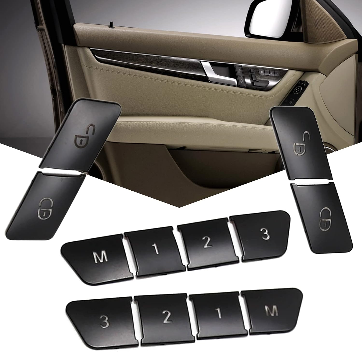 12pcs Car Seat Memory Door Lock Unlock Button Sticker, Adjust Switch Button Trim Cover, Replacement for Benz C Class E Class CLA GLA CLE (Black)