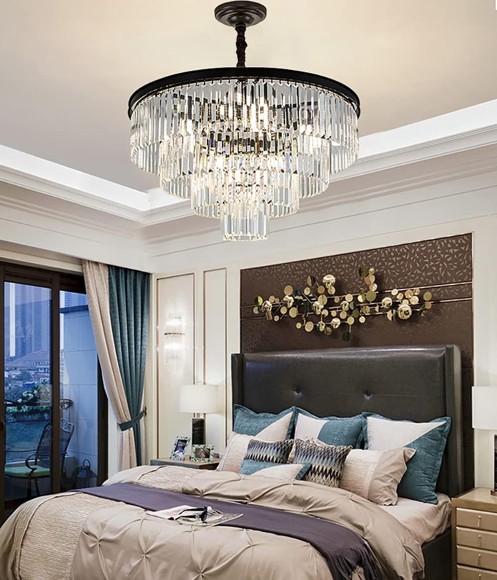 Black Modern Crystal Chandelier Lighting K9 Crystal Round Chandelier Hanging Ceiling Light Fixture 4-Tier Contemporary Crystal Pendant Light for Dining Room Living Room Bedroom 23.6inch