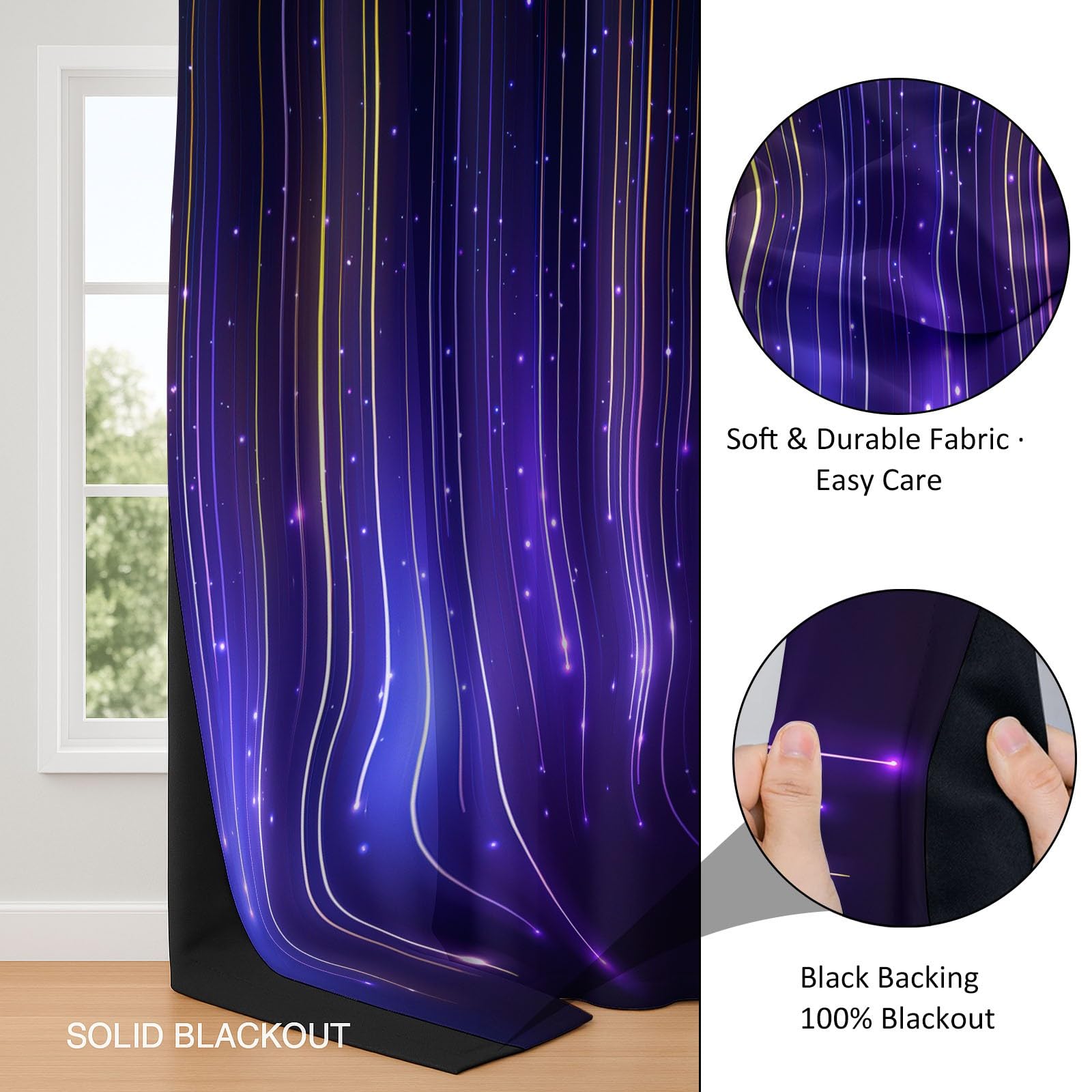 Blickdichter Thermovorhang, Kälte - Hitzeschutz Vorhänge, Verdunkelungsvorhang für Kinder Teenager, mit Muster Abstrakt Vertikal Licht Neon Tropfend, 215 x 110 cm H×B,Lila-Schwarz 2er Set