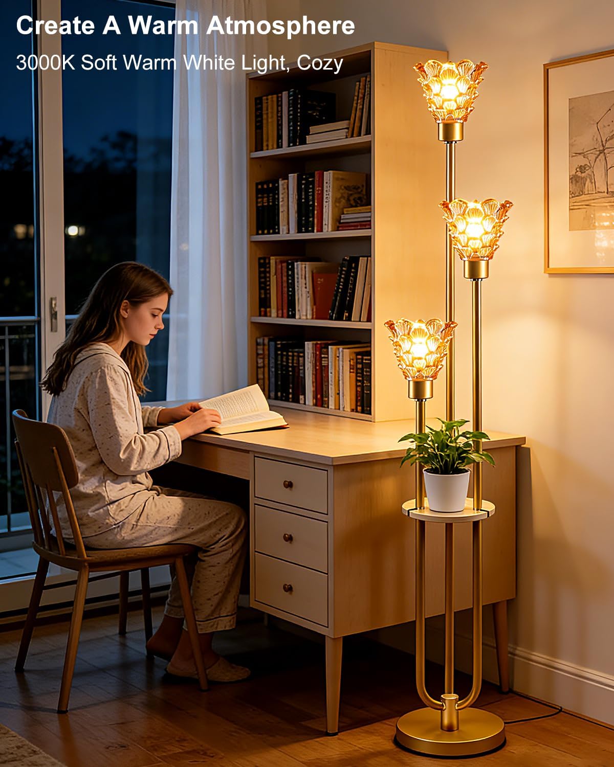Lightdot Brown Glass Floor Lamp with Shelf, 63IN Mid Century Modern Gold Floor Lamps with 3 3000K Soft Warm White Bulbs Included, Standing Tall Lamp for Living Room/Wedding/Office