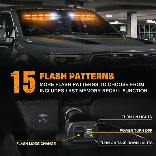 Miniatura 4 de XRIDONSEN Barra de luces de emergencia para visera, luces estroboscópicas interiores para parabrisas, 40 luces LED ámbar intermitentes con cubierta