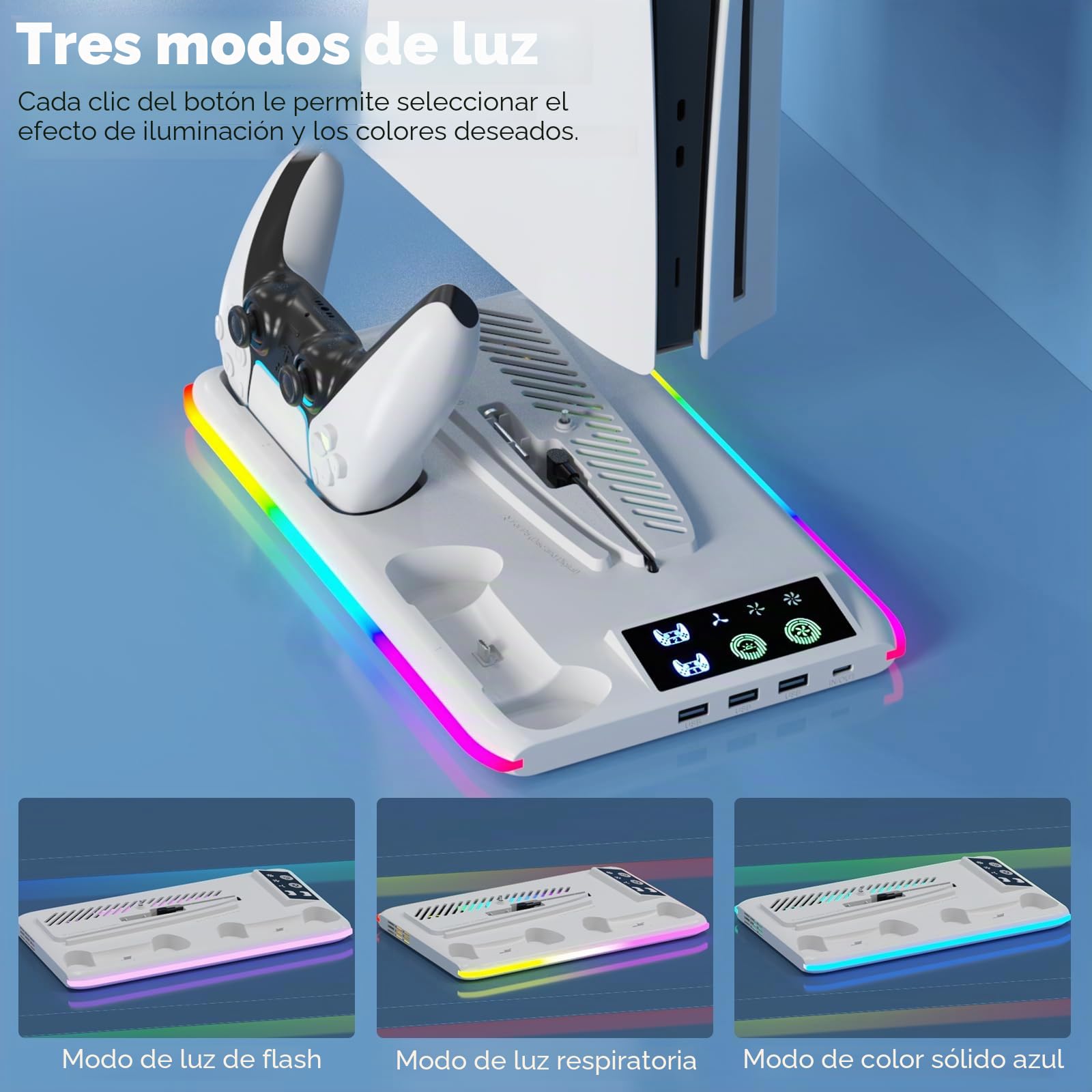 Soporte para PS5/Slim/Pro con Cargador Mando, Ventilador PS5 de 3 Velocidades, Luz LED RGB, Soporte PlayStation 5 Vertical con 3 Puertos USB, Soportes Compatible con Consola PlayStation 5