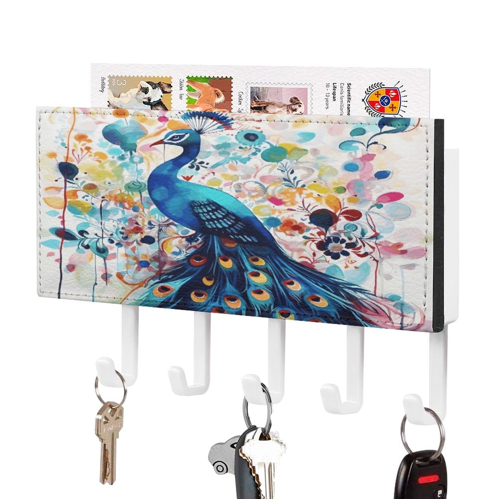FekiLoot Color Peacock Key Holder for Wall Decorative Mail Organizer with 5 Key Hook Self Adhesive Key Rack with Tray Coat Rack Wall Mount Key Hanger Decor for Entryway Door