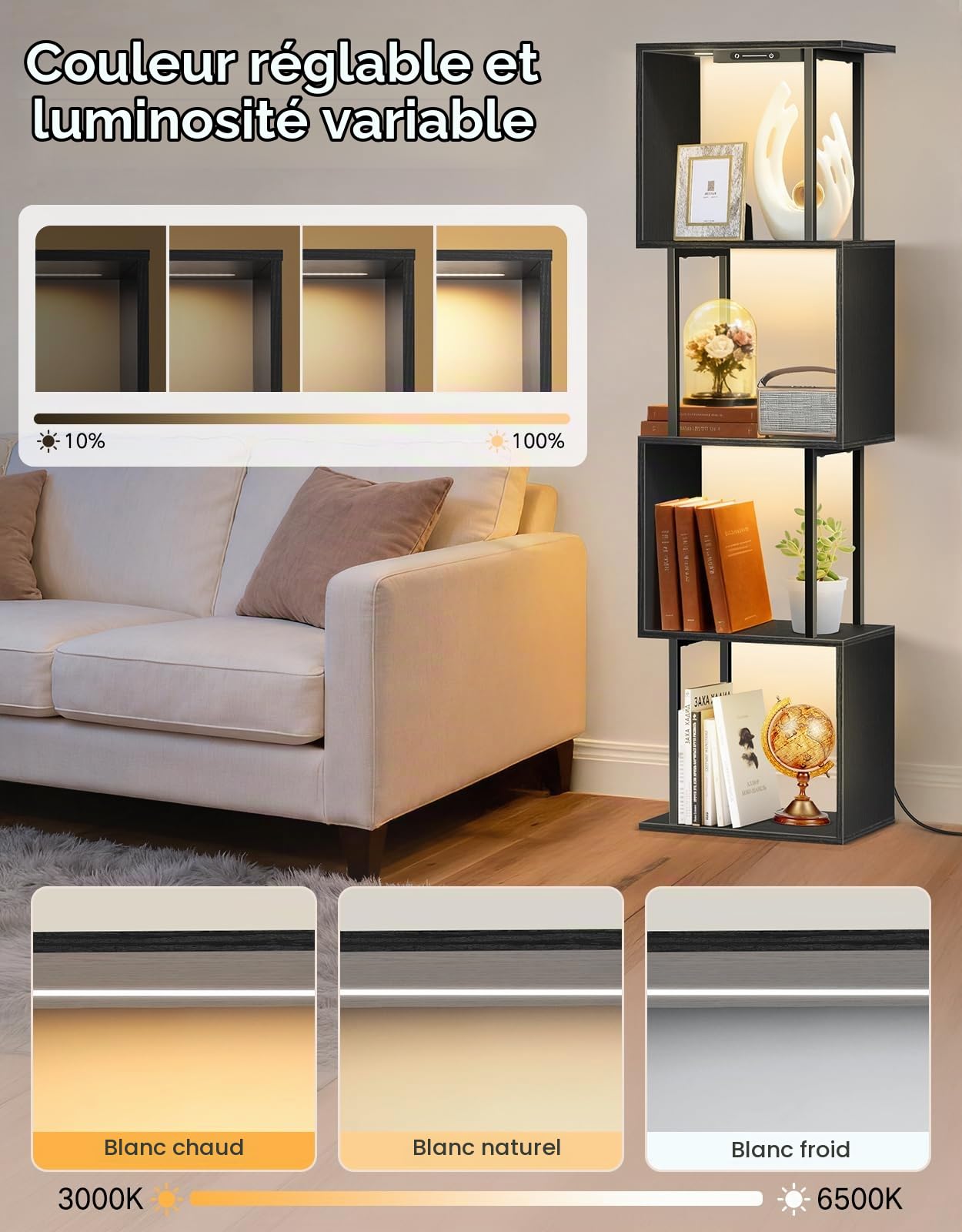 Bibliothèque Géométrique en S à 5 Niveaux avec Lumière LED, 3 Températures de Couleur, Commande Tactile et Télécommande, Étagère Ajustable pour Salon, Chambre ou Bureau