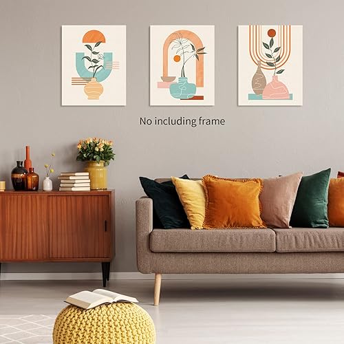 Miniatura 2 de Juego de 3 lienzos abstractos bohemios sin marco, 8 x 10 pulgadas, colores cálidos, jarrón geométrico abstracto, planta tropical, luna, sol,