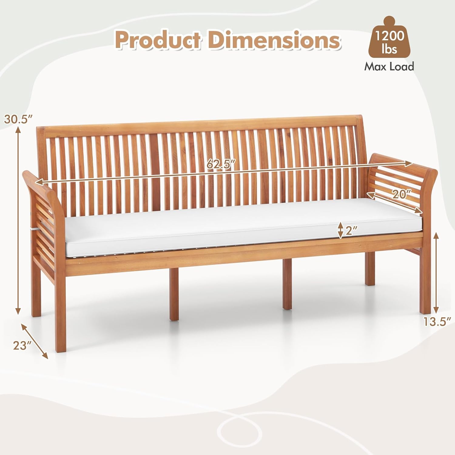 COSTWAY Wooden Outdoor Bench with White Cushion, Garden Bench with Curved Armrest & Slatted Back for Patio, Park & Porch, 23”x 62.5”x30.5”