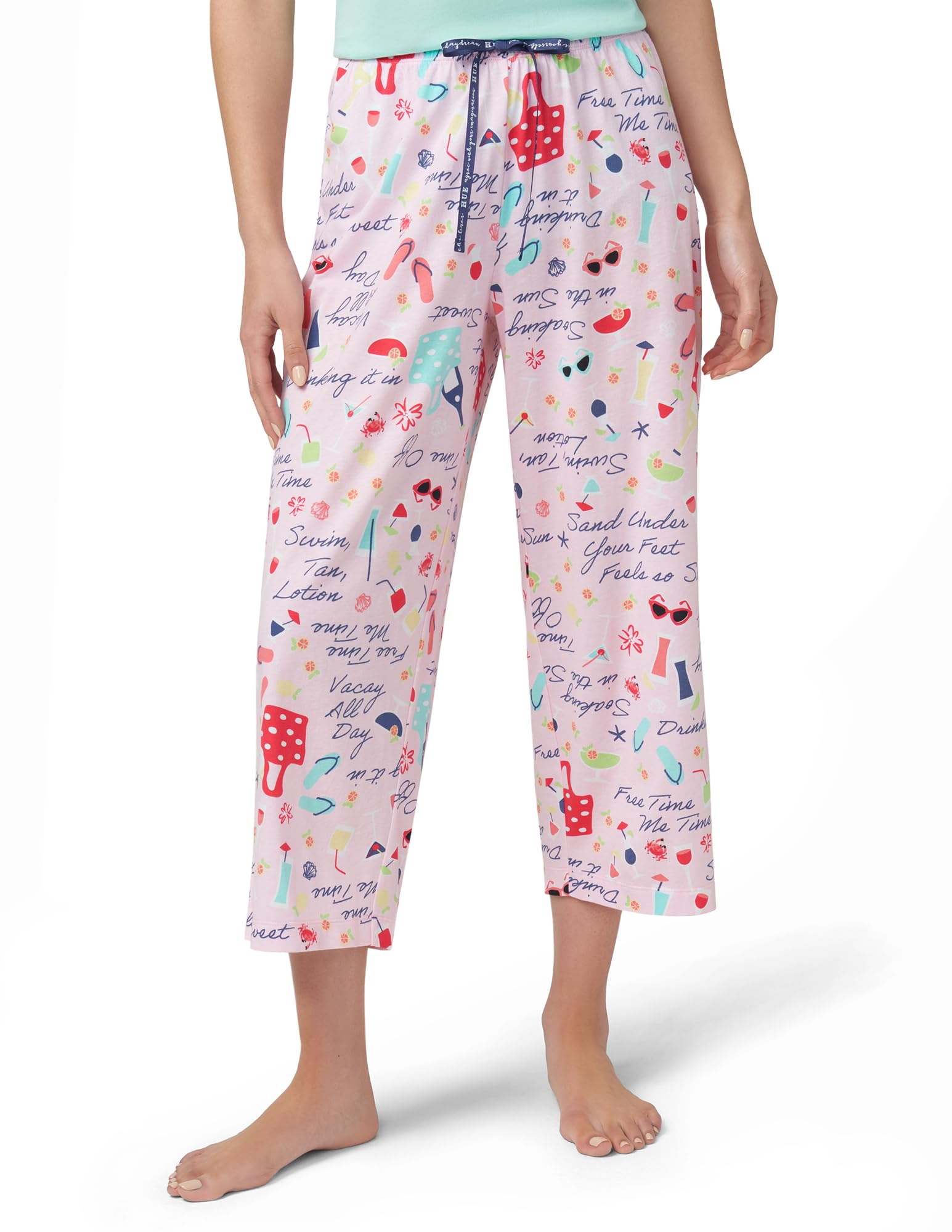 HUE Women's Summer Vacation Pajama Separates, Soft, Whimsical Print Pjs with Tropical Beach Themes, Flip Flops, Cocktails