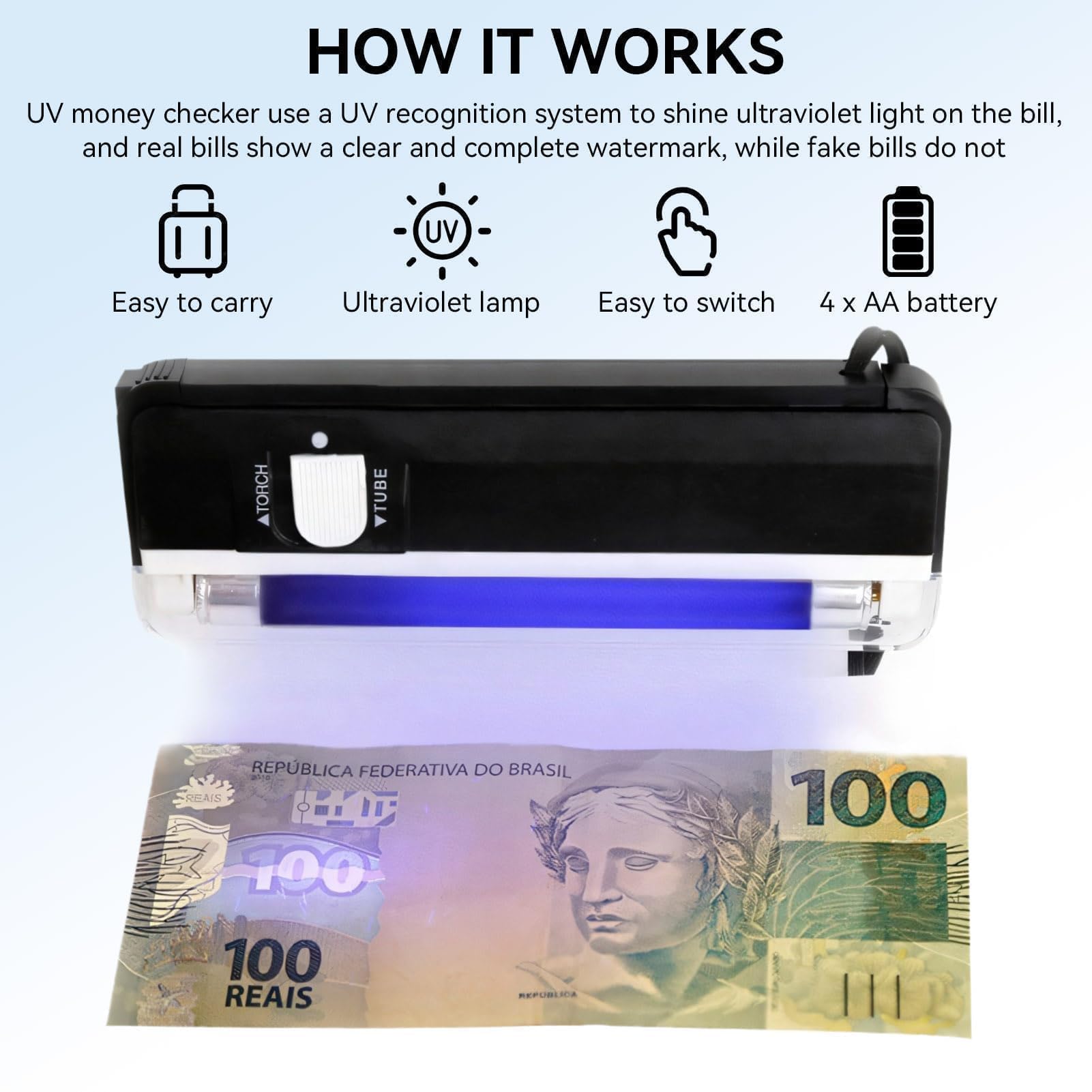 Agatige Détecteur Faux Billets Mini Poche, Détecteur Faux Billets Portable Afin Vérifier Billets, Cartes Bancaires Et ID Détecteur UV Pour Nouveaux Billets Détecteur Lampe UV Vérificateur Magasins