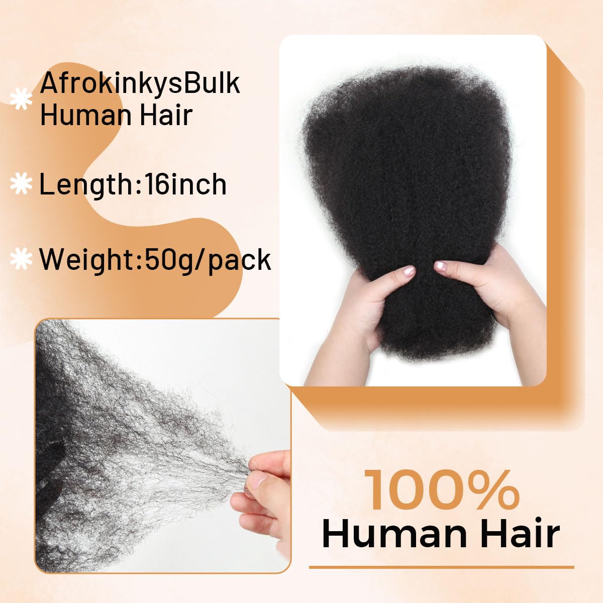 Afro Kinkys Bulk Human Hair For Twist,100% Human Hair 4C Kinky-Curly for Dreadlocks, Loc Repair, Braiding Hair(Natural Black,16inch 50 Gram)