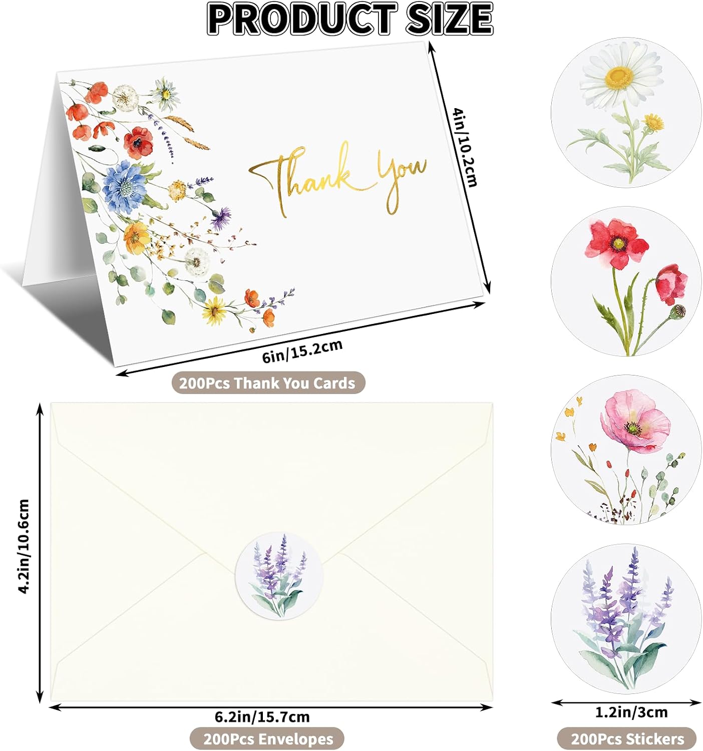 600 PCS Wildflower Thank You Cards with Envelopes and Stickers - 4x6 Inch Floral Thank You Notes with Envelope Set - Greeting Notes with Envelopes for Wedding, Baby & Bridal Showers, Birthday