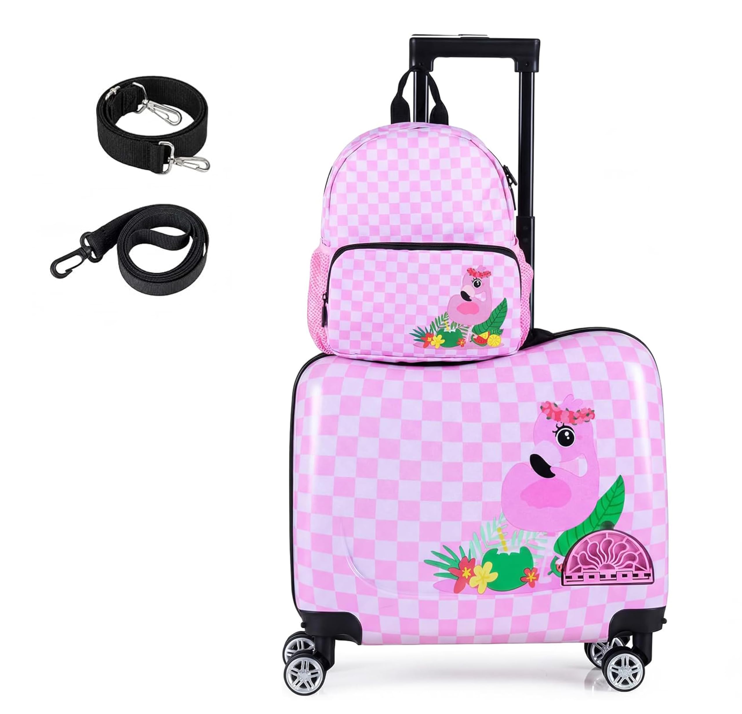 SOARS Set di Valigia Cavalcabile 18’’ + Zaino 12’’ per Bambini 2 Pezzi, Bagagli 2-in-1 di con Maniglia Telescopica e 4 Ruote, Trolley Bagaglio a Mano e Zaino per Bambini (Rosa Fenicottero)