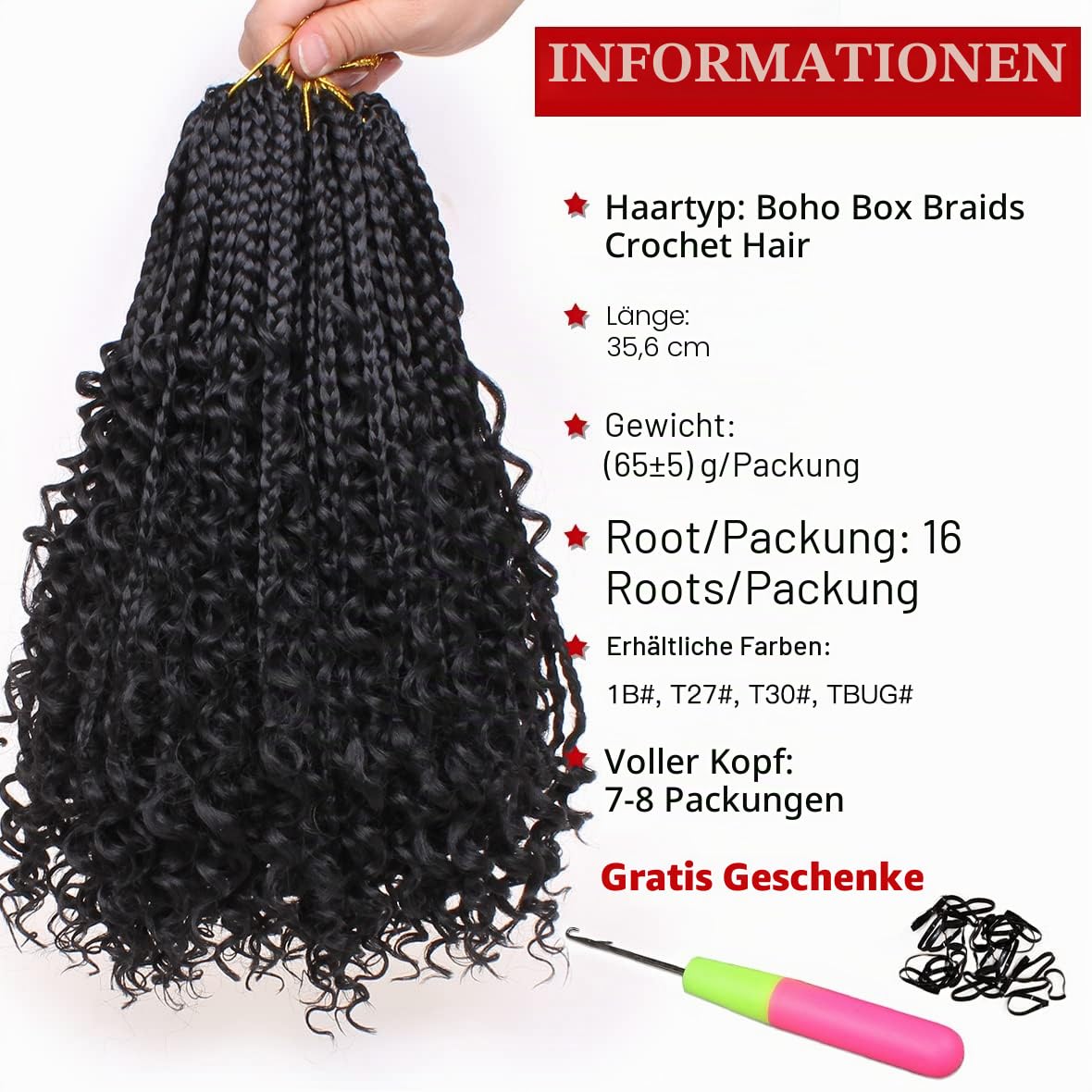 Xtrend Haarverlängerung, 35,6 cm, Häkelhaar, Boho-Stil, geflochtene Zöpfe mit lockigen Enden für schwarze Frauen, Häkelzöpfe, vorgeknüpft, Kunsthaar, Bob-Frisur, 16 Strähnen pro Packung, 8 Packungen