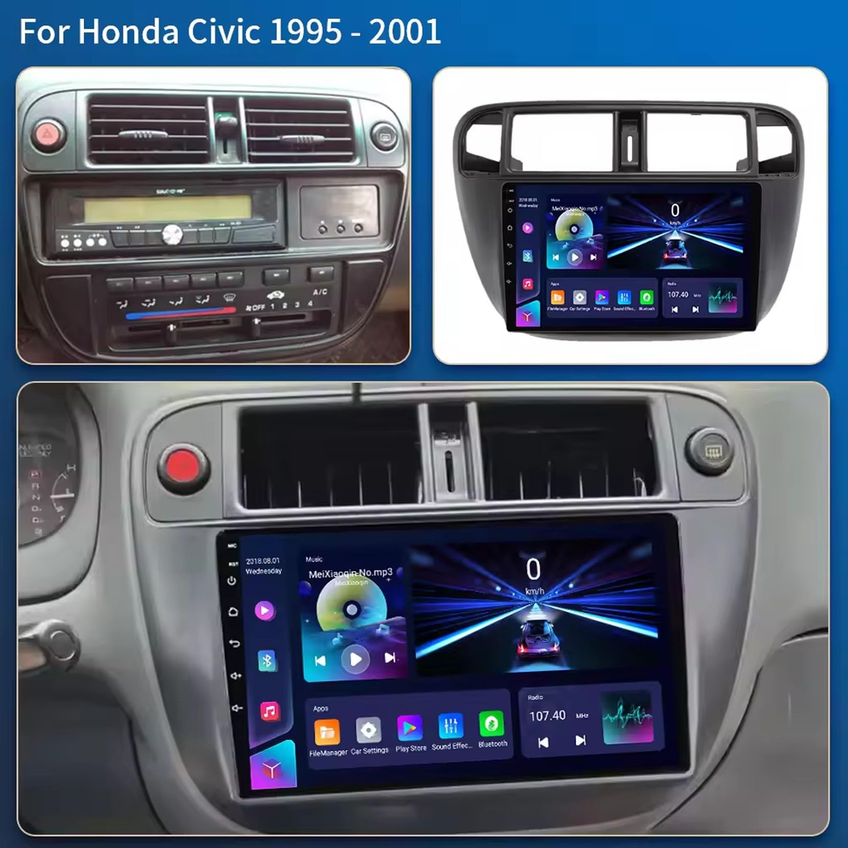 9-calowy, podwójny Din, samochodowy system stereo z systemem Android 15 do Hondy Civic (EJ/EK/EM) 1995-2001 z kamerą cofania Car Play, sterowaniem z kierownicy, Bluetooth, GPS, radiem FM i W