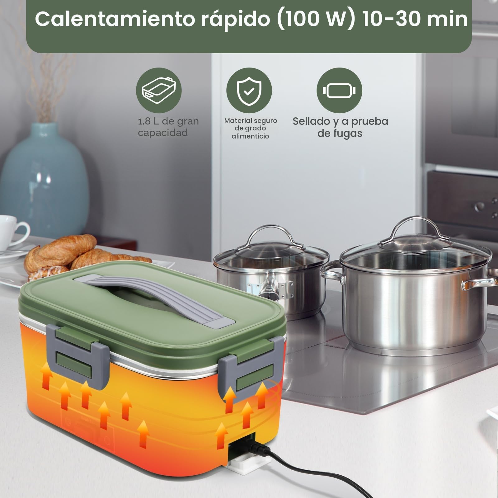 Lonchera eléctrica de 100 W, 1.8 L, acero inoxidable extraíble, 3 en 1, portátil, con calefacción, 12 V/24 V/220 V, caja de calor aislada para coche/camión/oficina/hogar, con bolsa aislada y