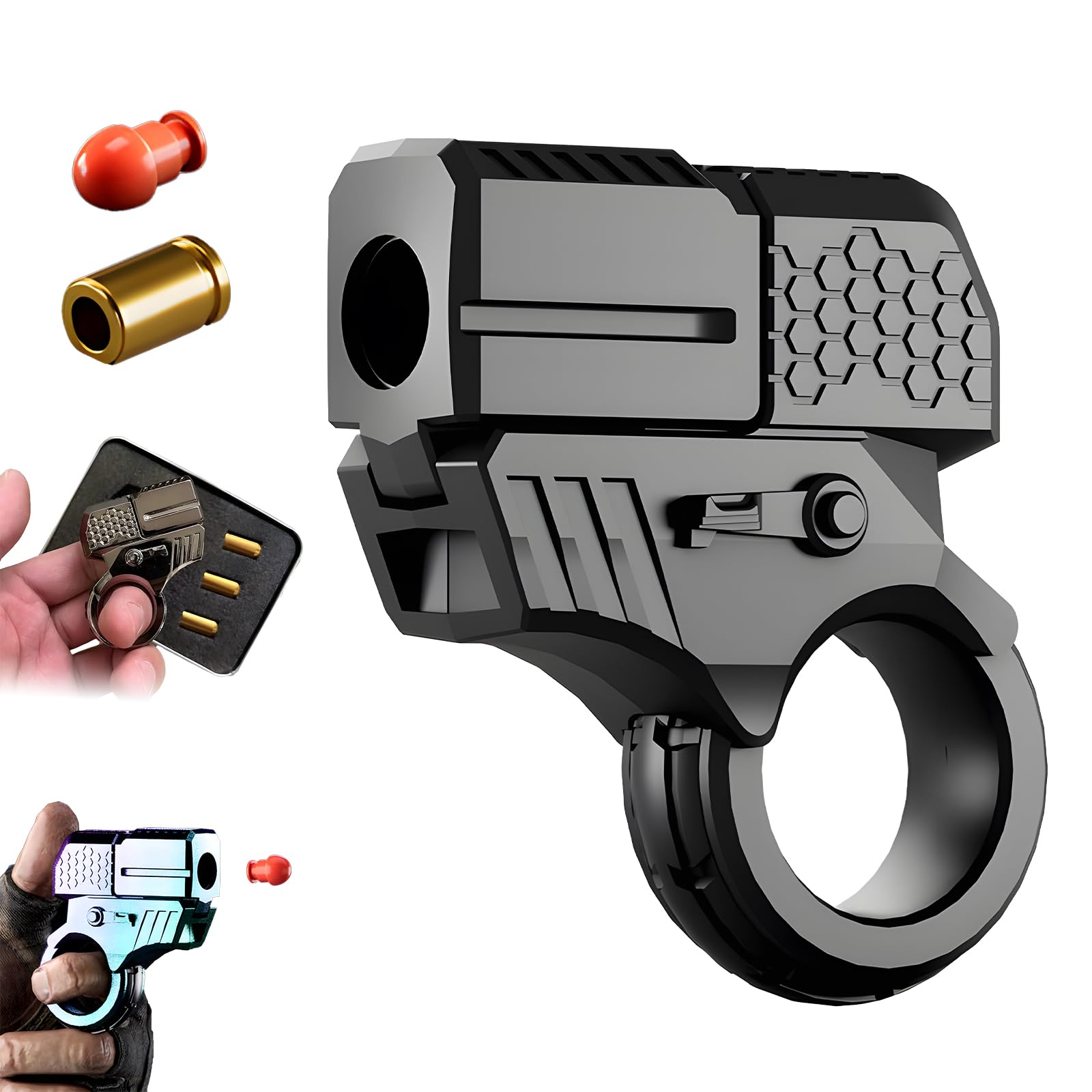 Alloy Ring Spinning Toy Launcher, Decompression EDC Launcher Model Ring One-Click Eject Fidget Ring with Soft Bullets (D-Launcher+20 Warheads+3 Cartridge Case)