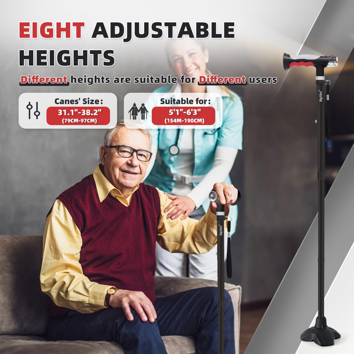 BigAlex Folding Walking Cane with Two Led Lights for Elderly Solid Base Adjustable Walking Stick with Carrying Bag for Men Women