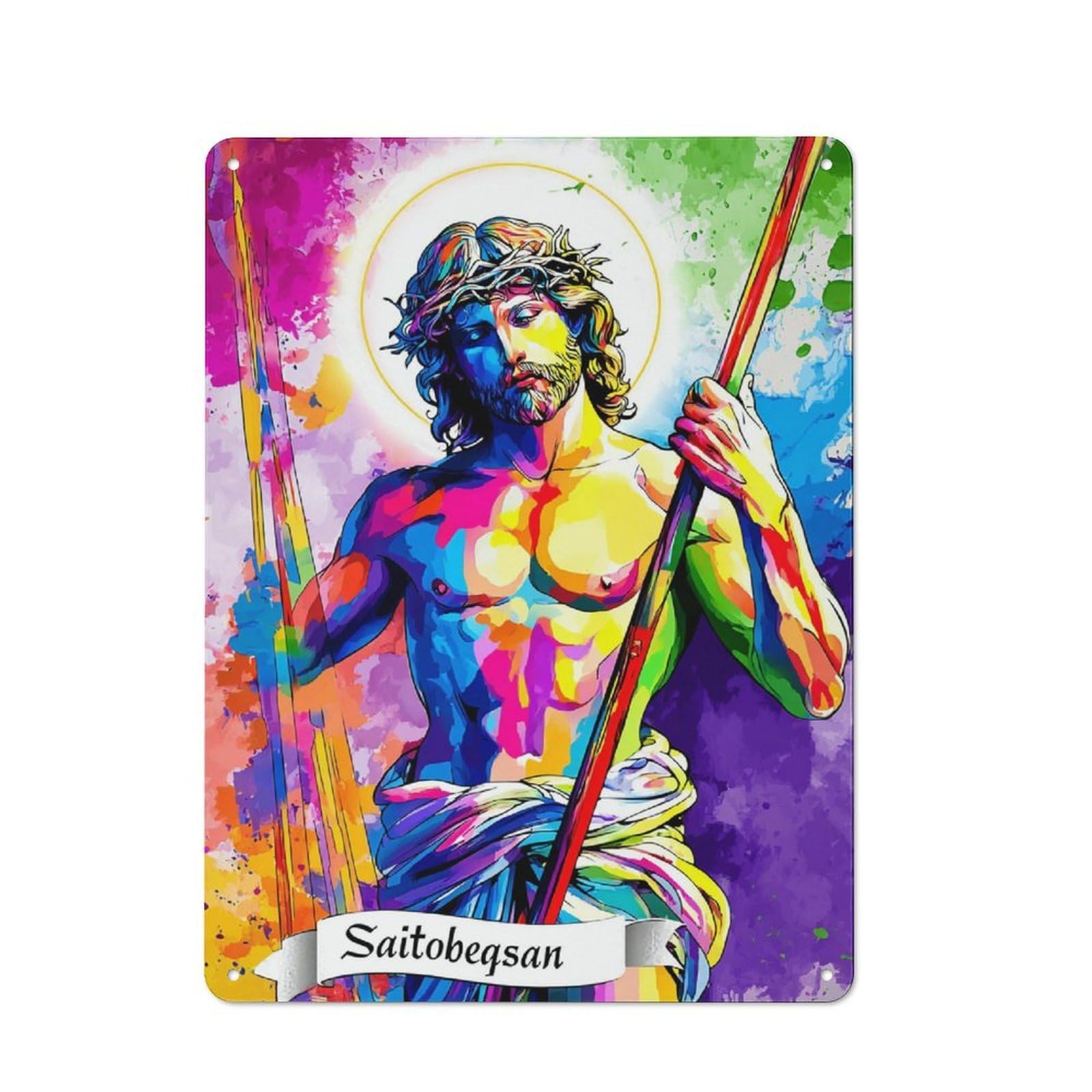 Junmoney Colorful Artistic Representation Of A Figure Holding A Staff Rustic Metal Plaque 40X30cm For Hobby Room Or Studio, For Creative Interior Collectors