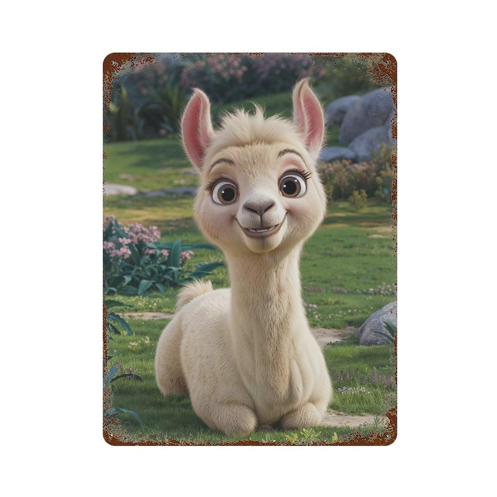 Cute Smiling Llama Rusty Metal Tin Sign 15.7"x11.8", Vintage Wall Decor for Garage, Pub Or Kitchen