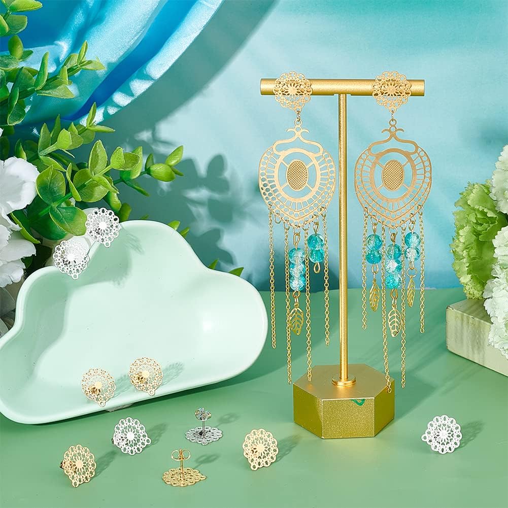 UNICRAFTALE About 24pcs Bohemian Stud Earring with Loop Stainless Steel Filigree Hollow Ear Stud Component with Stoppers Ear Nuts 0.7mm Pin Earring Posts for Jewelry Making - Image 2
