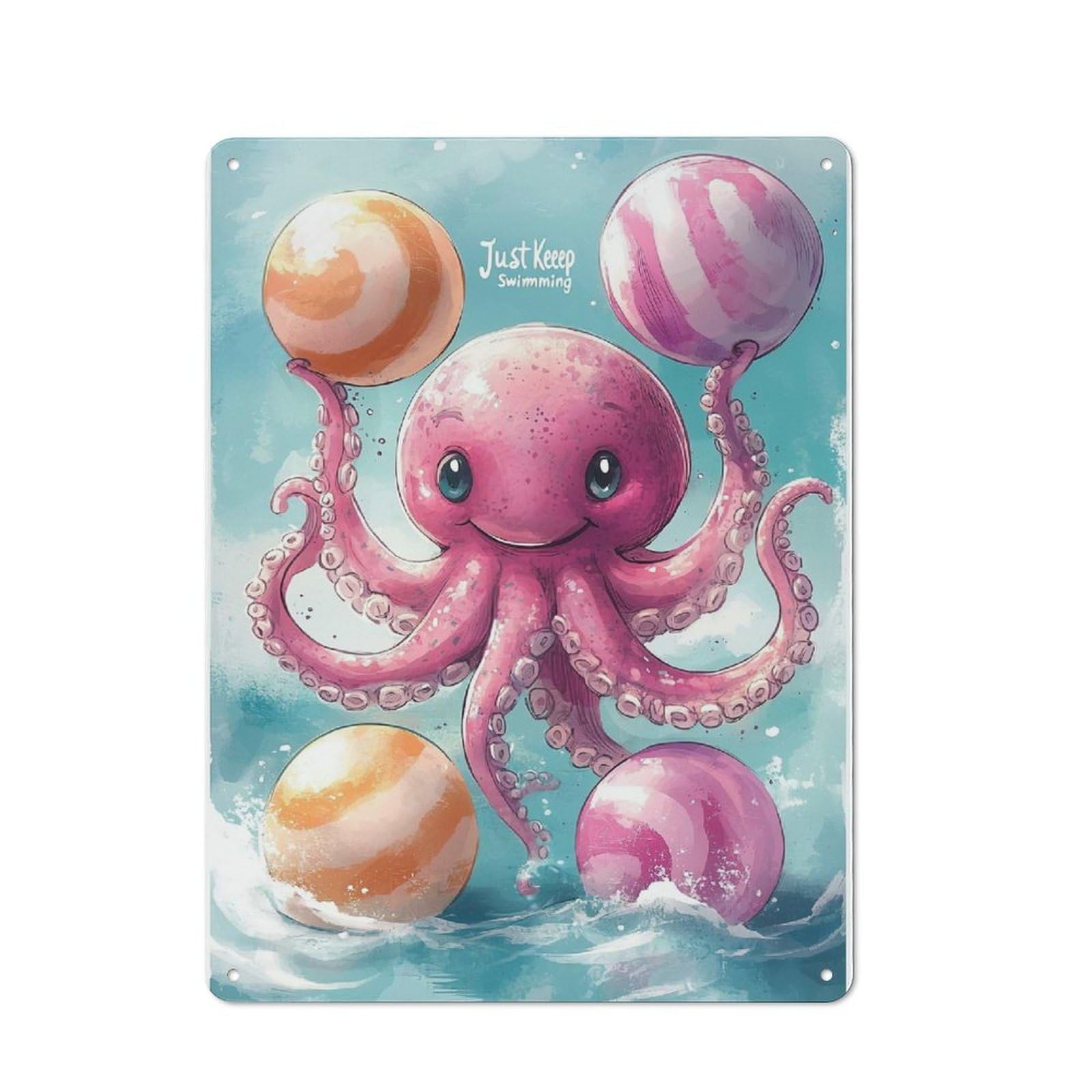 Junmoney Smiling Octopus Just Keep Swimming Vintage Retro Metal Sign 40X30cm Featuring Garage Wall Decor For Garage, Workshop, Shed Or Utility Room