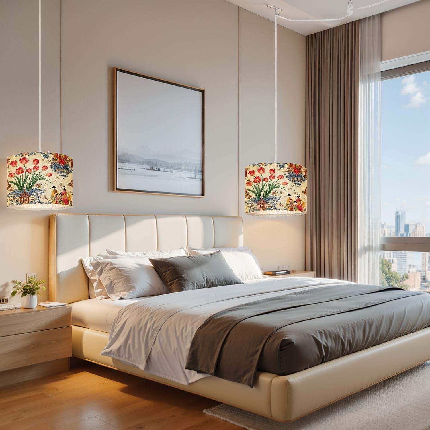 Plug in Pendant Light Whimsical Porcelain Red Tulips Classical Chinese Women Hanfu Ancient Hanging Light with Plug in Clear Cord Dimmable Switch Linen Shade Hanging Lamp Fixture for Bedroom Kitchen