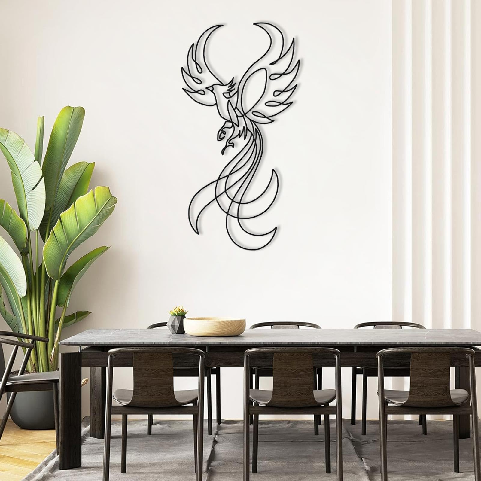 Nowoczesna minimalistyczna metalowa dekoracja ścienna z feniksem, mityczna wisząca do salonu, sypialni lub biura (czarna, 105 x 55 cm)