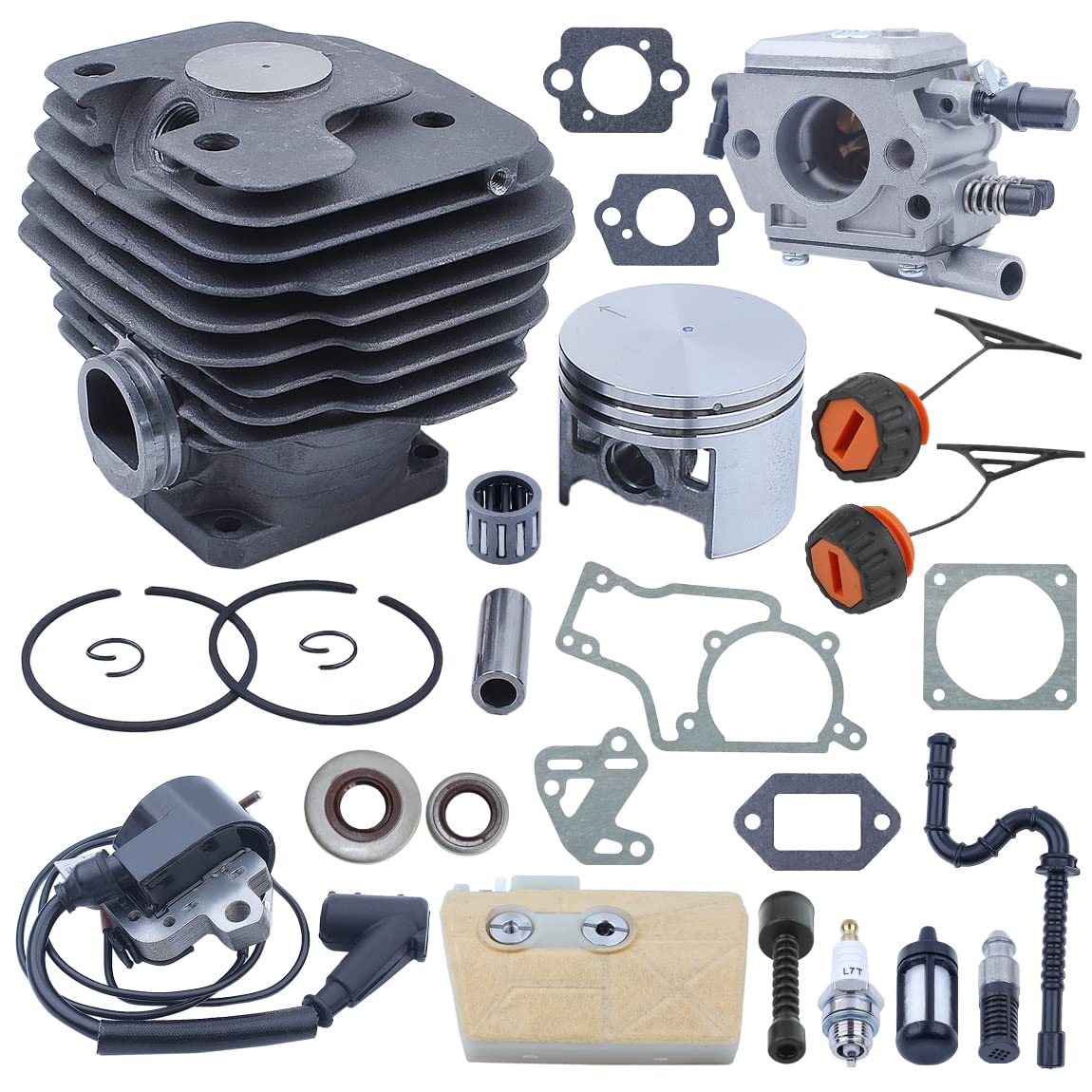 52mm Kit de pistón de Cilindro, carburador para Stihl 038 MS380 Motosierras, reemplazar 1119020 1202 con Bobina de Encendido, Kit de Junta de Filtro de Combustible, Sello de Aceite