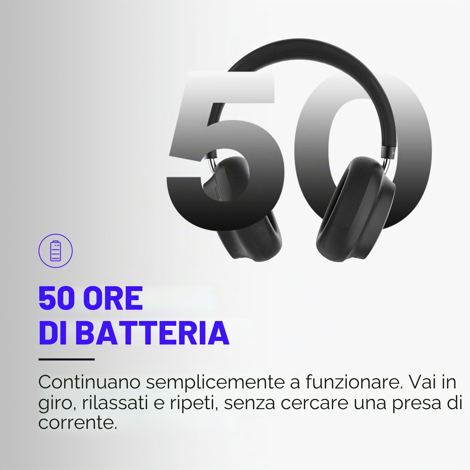 Raycon Essential - Cuffie Bluetooth over-ear, con cancellazione attiva del rumore, senza fili, modalità di sensibilizzazione, cuffie Bluetooth con microfono, 50 ore di durata della batteria (viola)