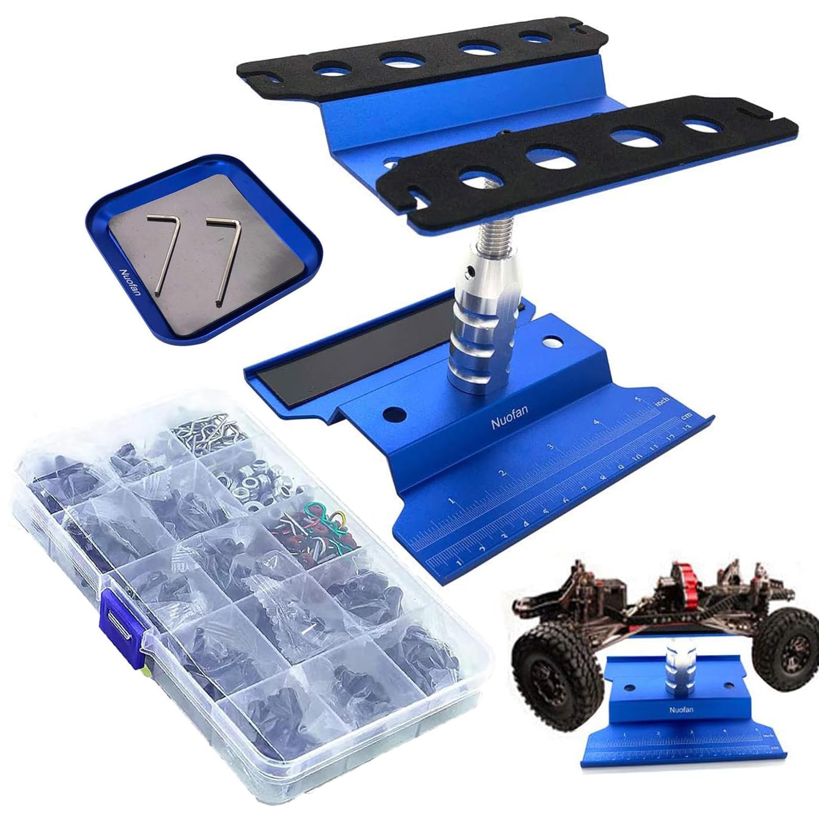 Aluminum RC Car Repair Work Stand Repair Tool Set 360 Degree Rotation and 610PCS RC Screws Kit for 1/8 1/10 1/12 1/16 1/18 RC Car Truck Scale Crawler (RC Work Stand+ RC Screws Kit) (Blue)