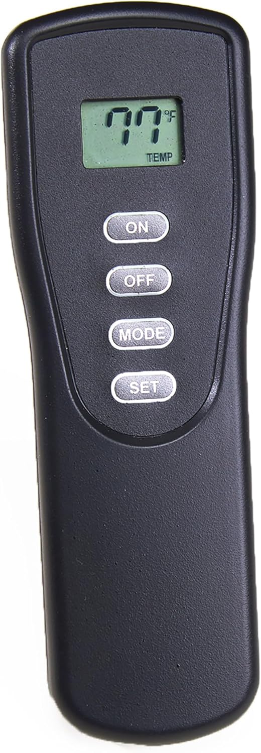 Black remote control with digital display and four buttons: ON, OFF, MODE, SET