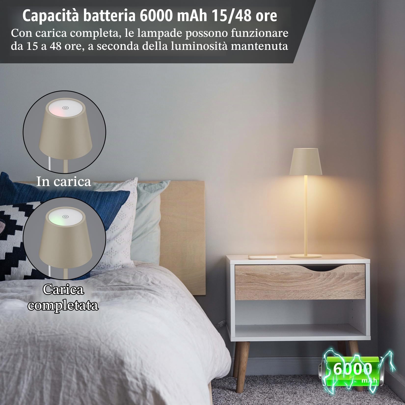 Aipsun 2 pezzi lampada da tavolo ricaricabile a led dimmerabile beige | 6000mAh,36.5CM,ricaricabile in alluminio bianco caldo (2700k-6000k) IP54 per camera da letto, bar, campeggio