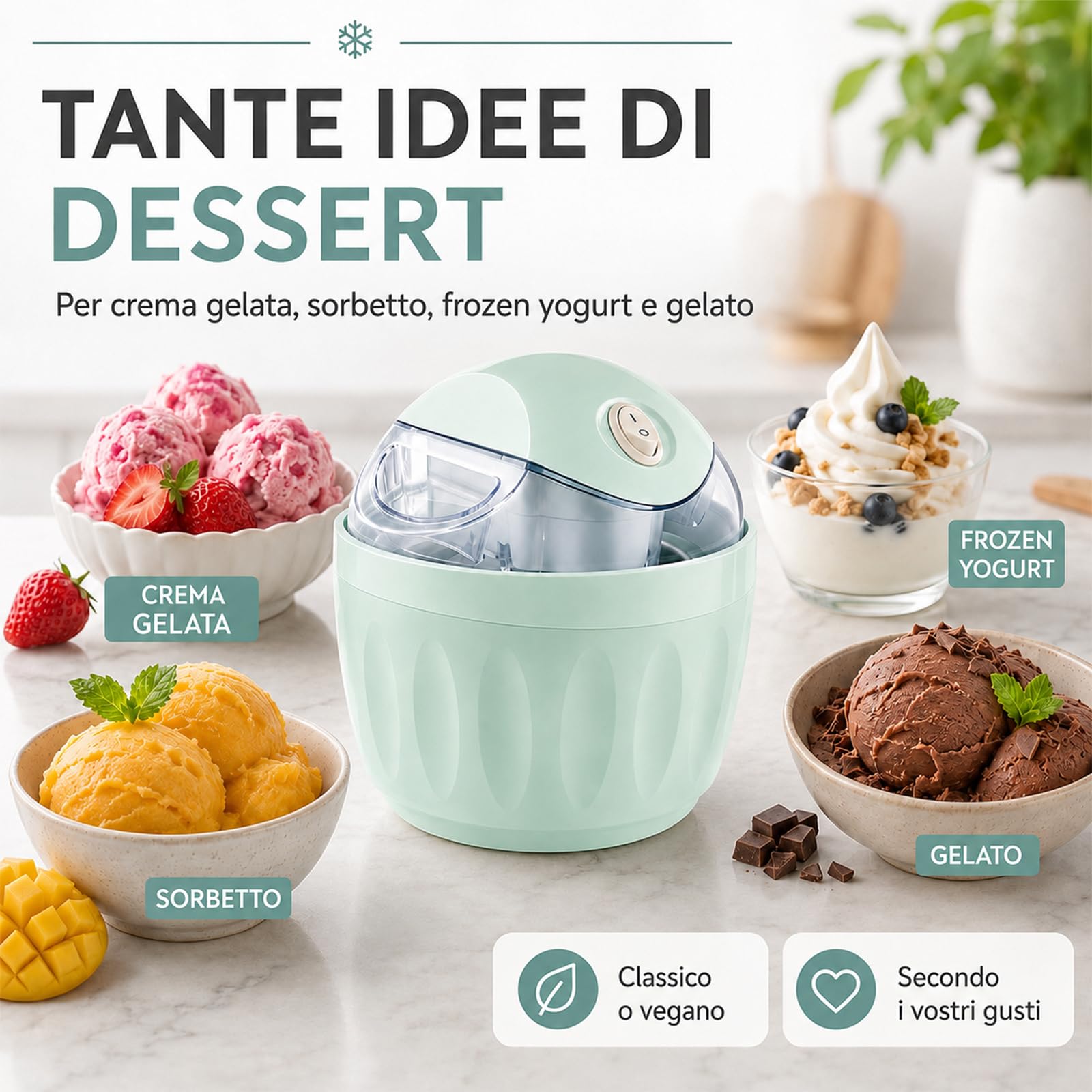 Mini Gelatiera per Casa, Mini Macchina per Gelato e Sorbetto，Azzurro chiaro