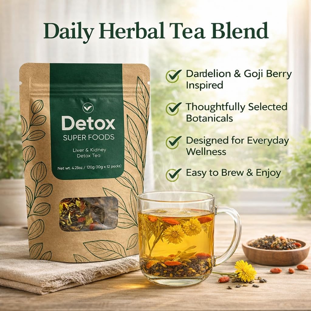 Liver & Kidney Detox Tea, Natural Herbal Blend with Dandelion Root, Goji Berry, Cassia Seed, Orange Peel & Chrysanthemum, Refreshing Daily Wellness Tea – 12 Servings