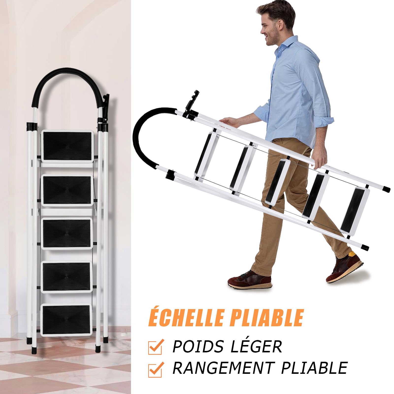 Escabeau Robuste avec Main Courante de Sécurité,Capacité de Charge 160kg,Tabouret Pliant Portable Marches en Caoutchouc Antidérapant Pédales(B) 152 x 87 x 39 cm – 5 étapes (Blanc)