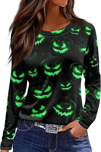 Halloween Shirts Women Spider Ghost Fall Crew Neck Long Slee