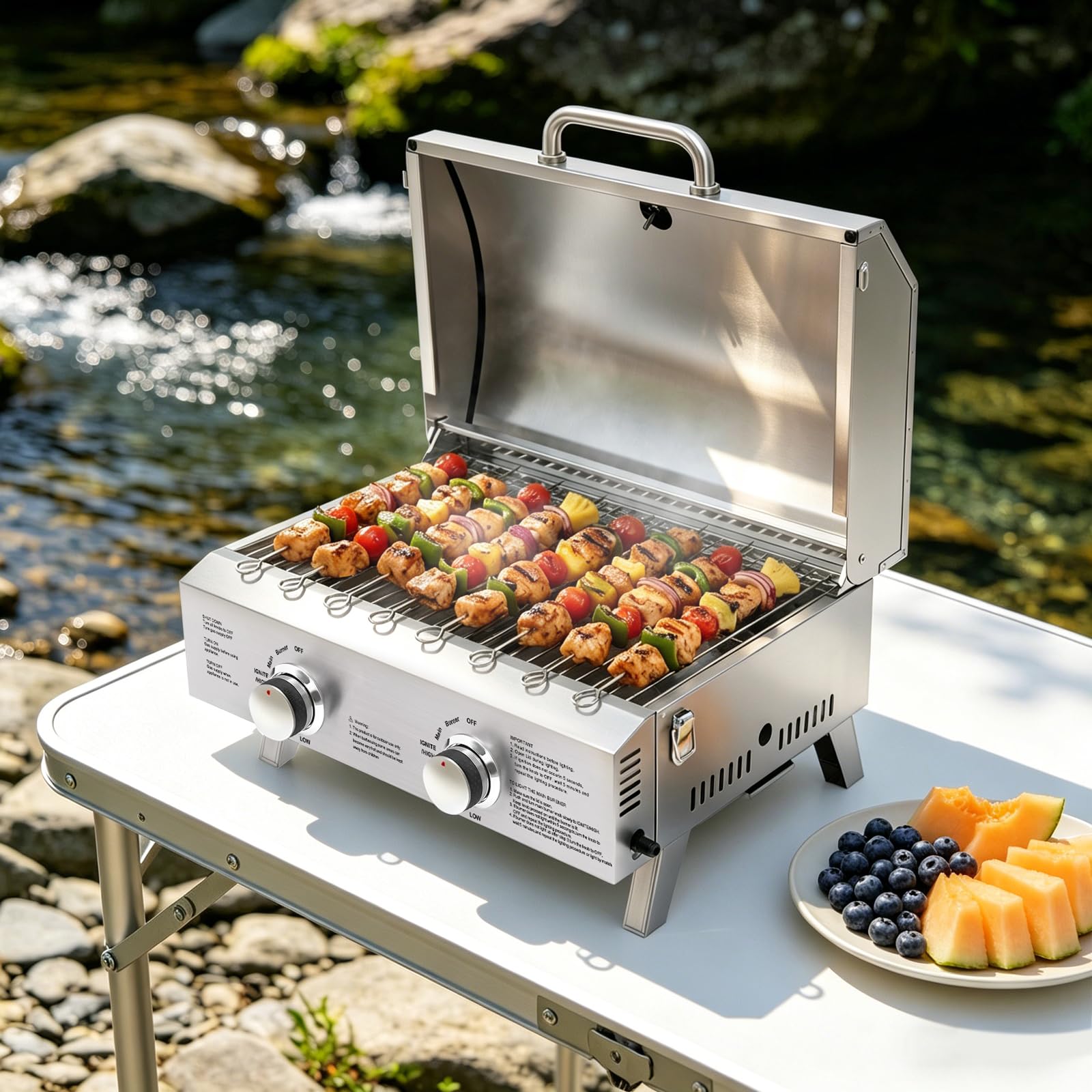 Barbecue a gas in acciaio inox, 2 fuochi, portatile pieghevole per esterni, con pietra per pizza, per giardino, campeggio, picnic, camper, ideale per famiglie e amici, barbecue