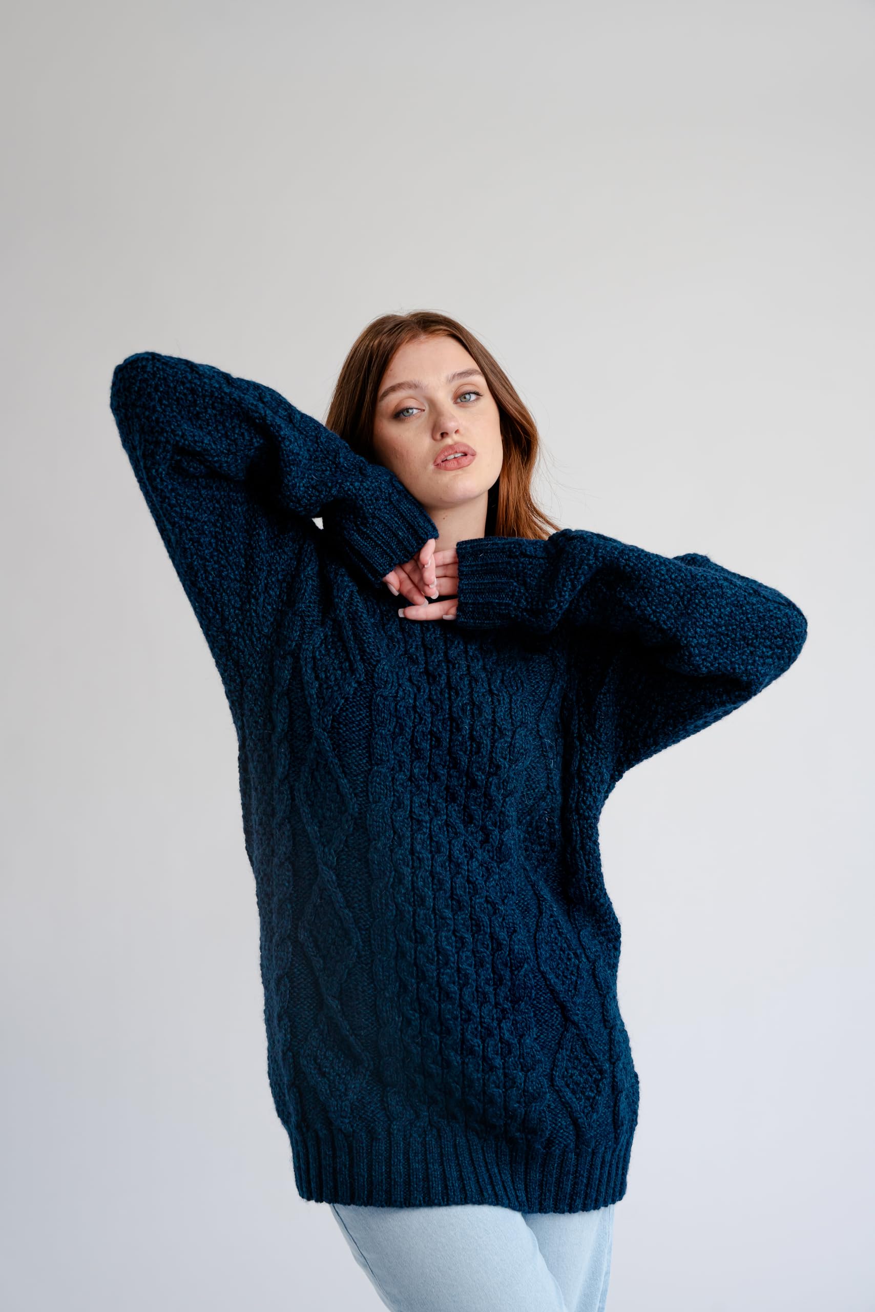 Maglione da donna in lana lavorata a maglia a trecce, 100% lana vergine, prodotto in Irlanda