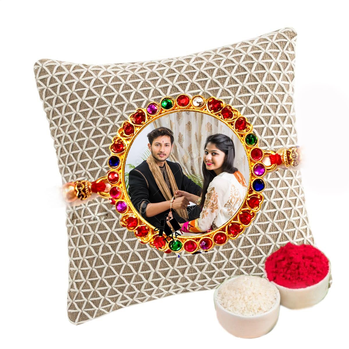 Personalised Raksha Bandhan Rakhi with Custom Photo Print | Includes Roli Chawal, Gemstone Embellished, Cushion Style Rakhi, Brother Sister Bond, Customisable Design-image-23