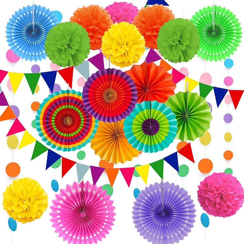 21 Pcs Party Decoration Set, Hanging Paper Fans, Pom Pom flowers, Paper Bunting Flags and Polka Dot String for Mother‘s Day Birthday, Wedding, Baby Shower, Fiesta Party Decoration
