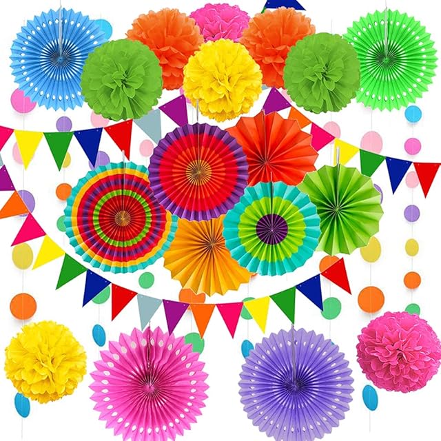 DOJoykey 21 Pcs Party Decoration Set, Hanging Paper Fans, Pom Pom flowers, Paper Bunting Flags and Polka Dot String for Birthday, Wedding, Baby Shower, Fiesta Party Decoration