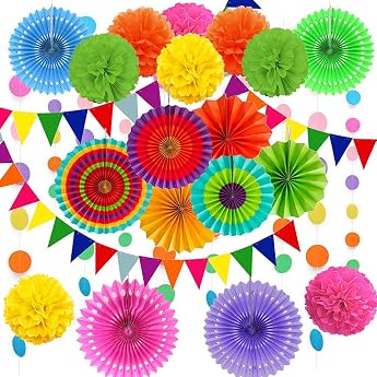Cojoy 21-Piece Party Decoration Set Hanging Paper Fans Pompoms Flowers Paper Bunting and Dot Chain for Birthday Wedding Baby Shower Fiesta Party Decoration