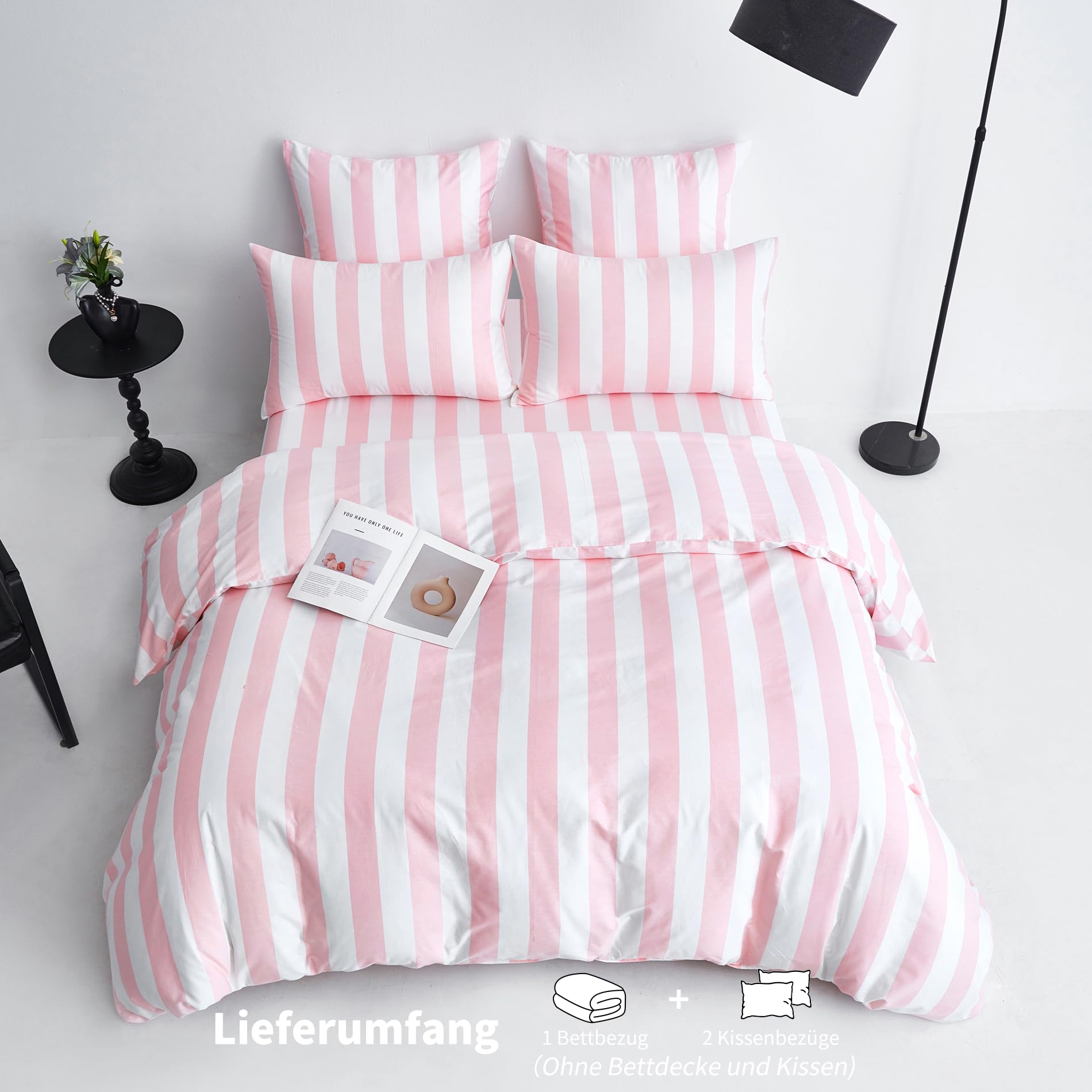 Bettwäsche 200x200 Baumwolle Rosa Weiß Gestreift Bettwäsche Baumwolle Weich Atmungsaktiv Kuschelige Bettbezug Set 3 Teilig mit Reißverschluss und 2 Kissenbezüge 80x80 cm